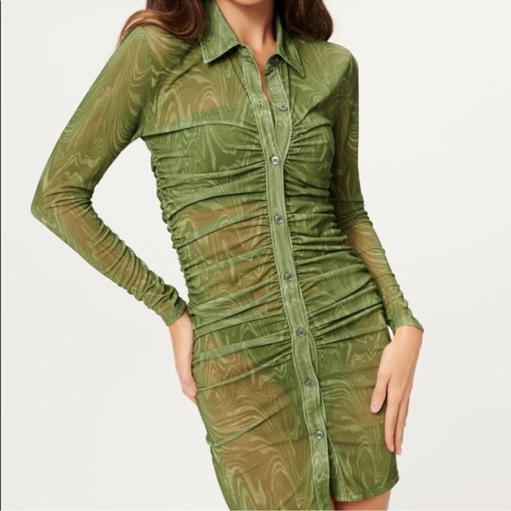 Good American Mesh Green Sheer Dress Beach Coverup Boho Hippie Ruched Mini 70s